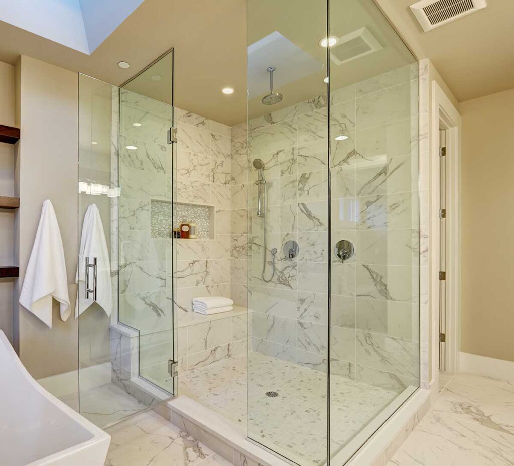 Amazing,Master,Bathroom,With,Large,Glass,Marble,Walk-in,Shower,,Freestanding